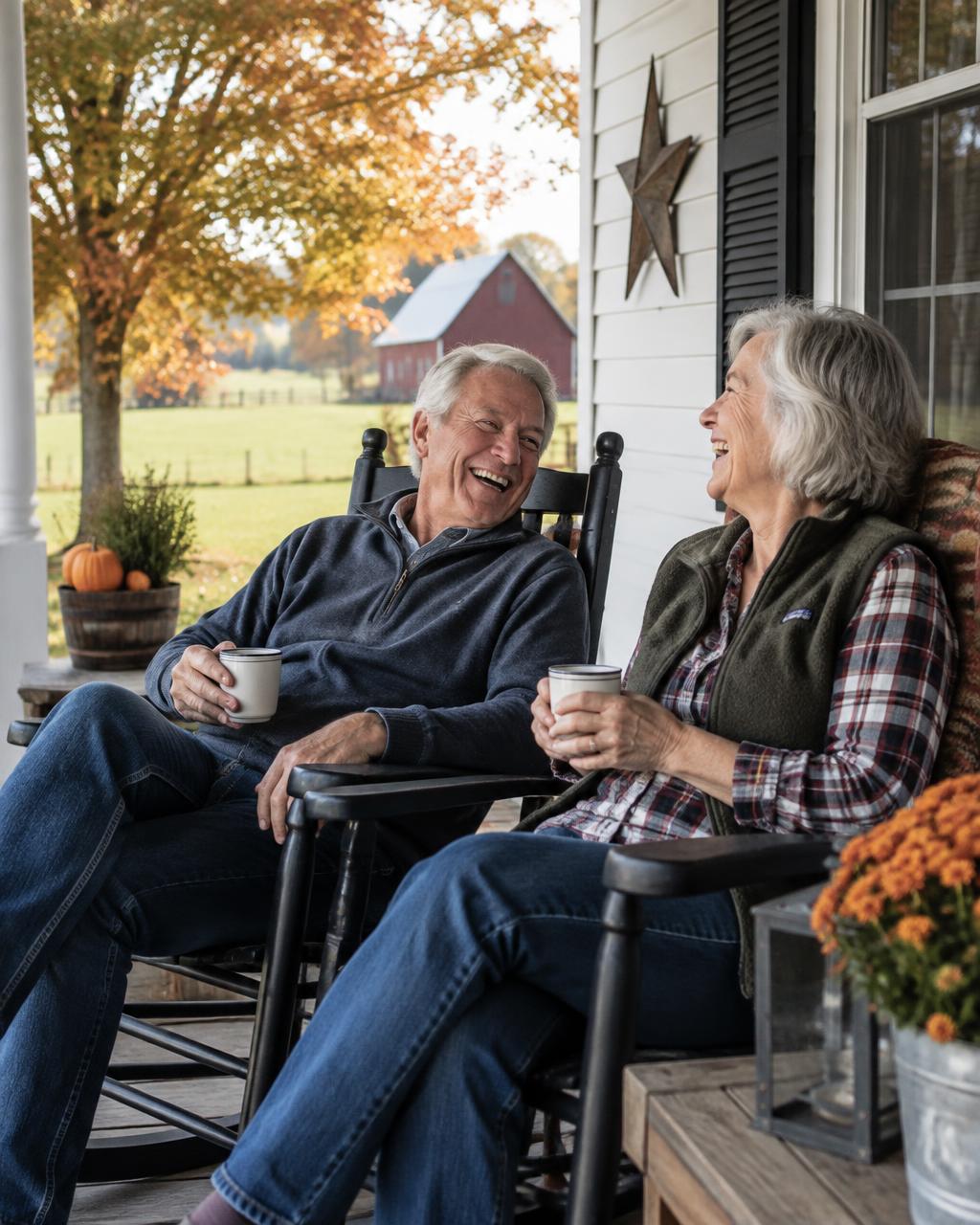 An older couple laughing together with coffee on their farmhouse porch in autumn