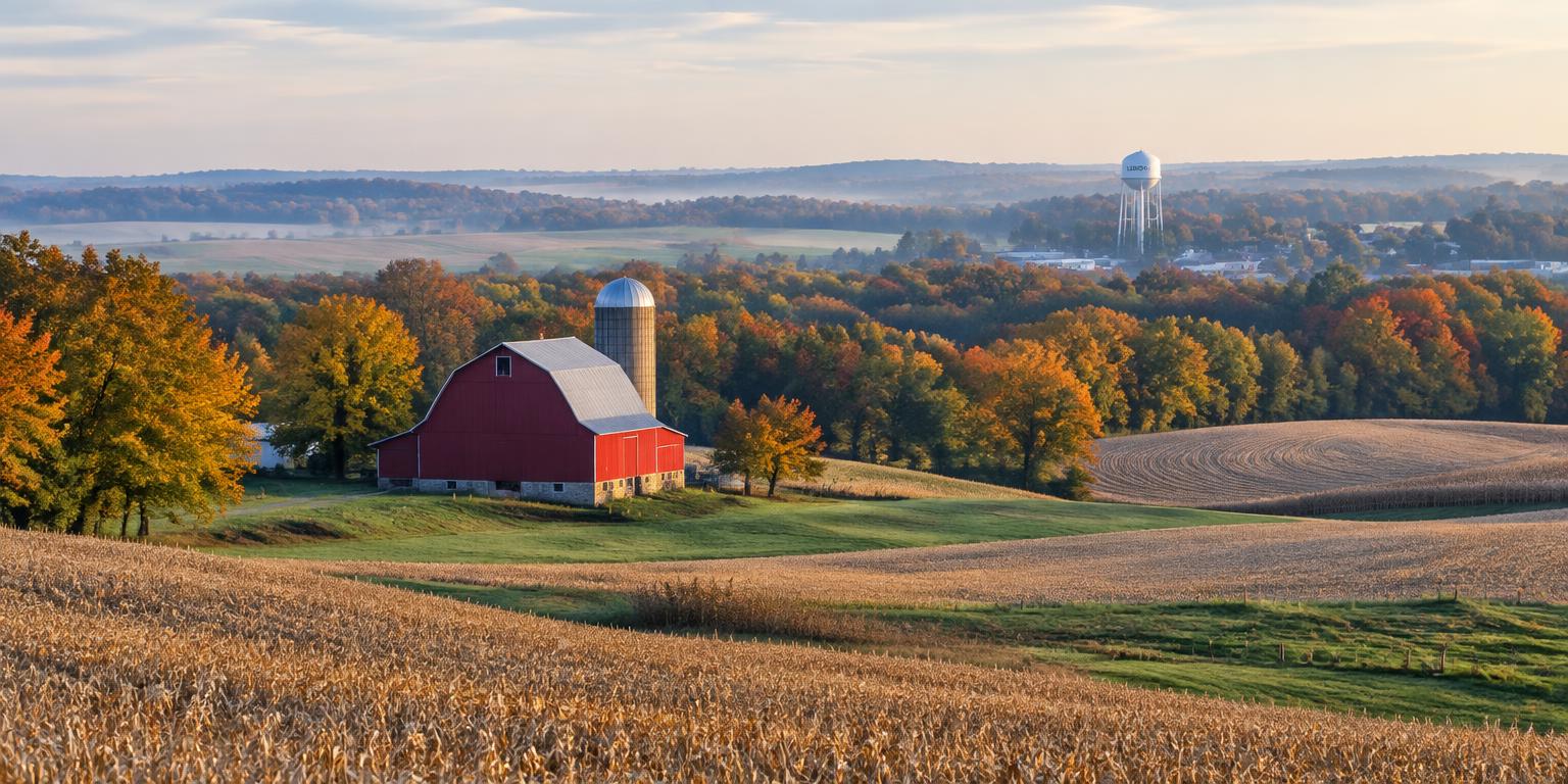 Rolling eastern Iowa farmland with a red barn and autumn trees