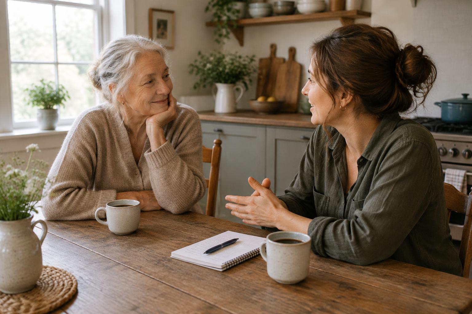 A mother and her adult daughter talking at a farmhouse kitchen table with coffee and a notepad