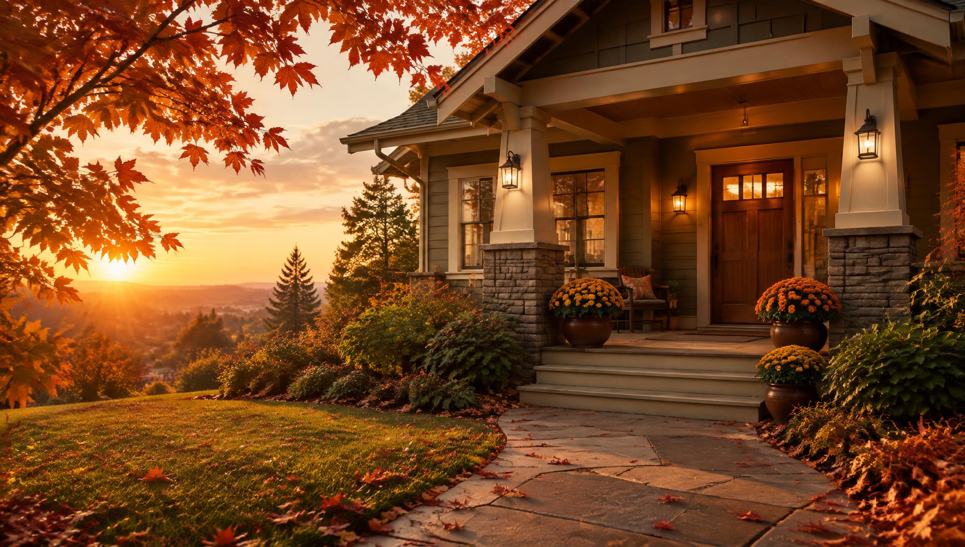 A Craftsman porch with glowing lanterns and potted mums at golden hour