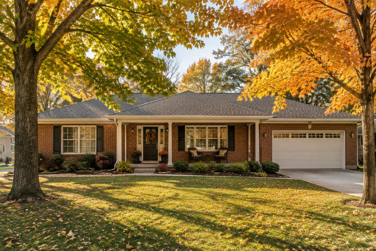 A well-kept single-level brick ranch home with a front porch under autumn maples