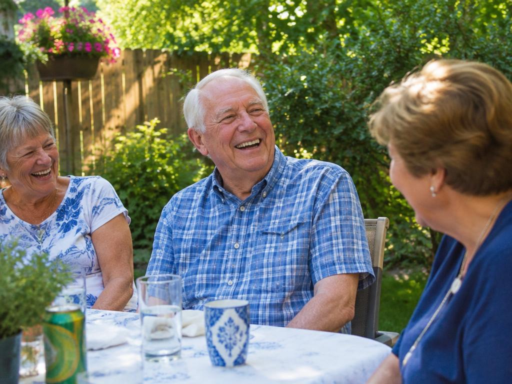An older man laughing with family around a backyard table