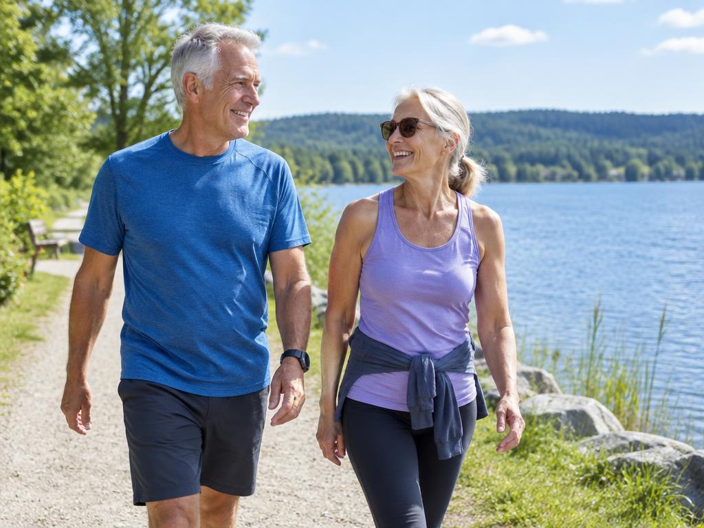 An active couple walking along a lakeside path