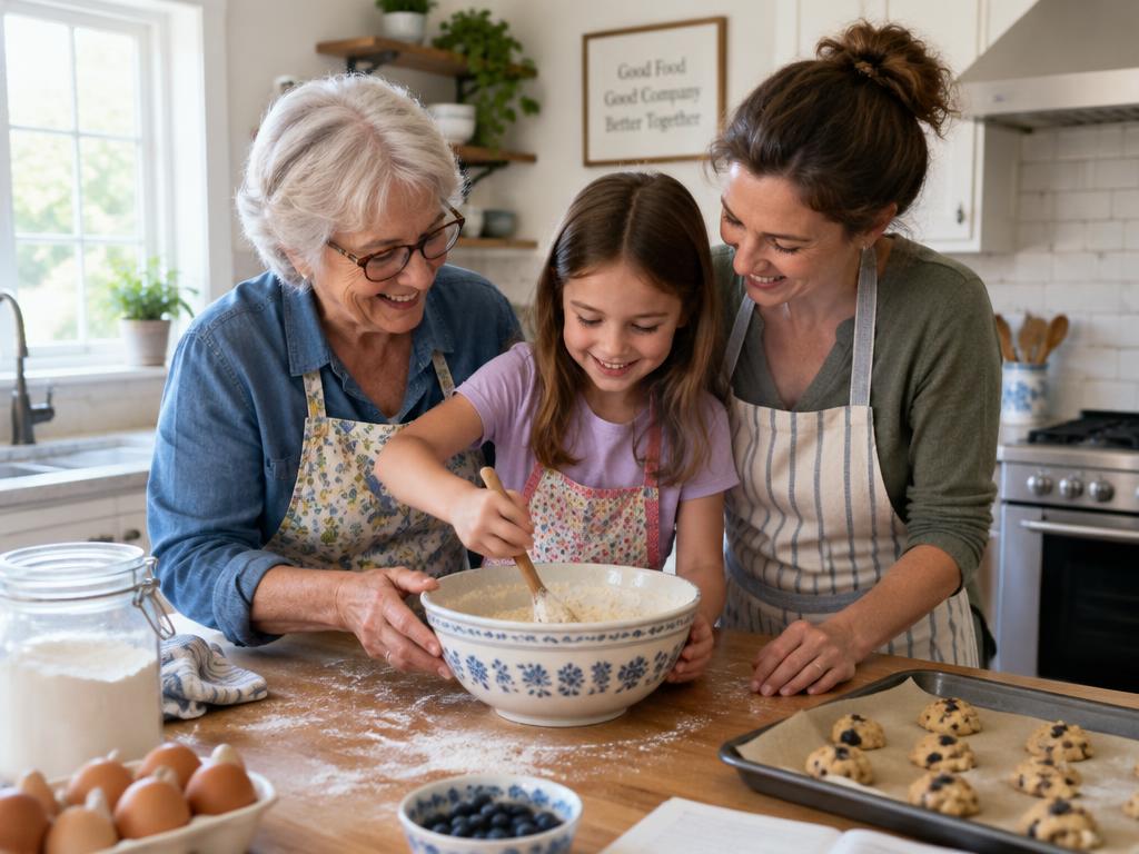 A grandmother, mother, and child baking together in a bright kitchen